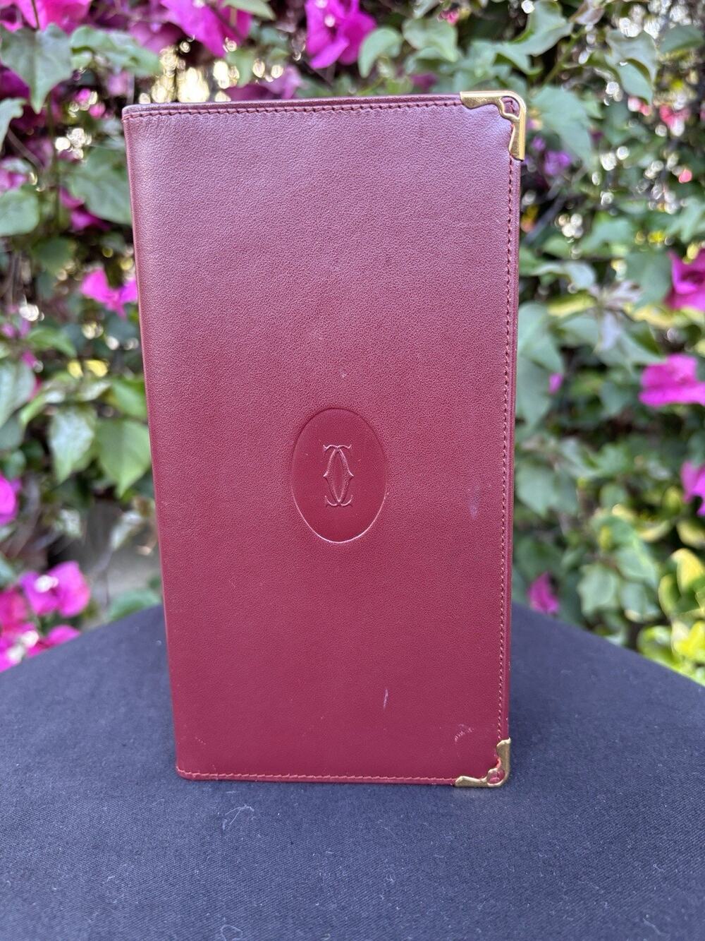 Cartier Must Leather Bifold Checkbook Long Wallet Burgundy Red